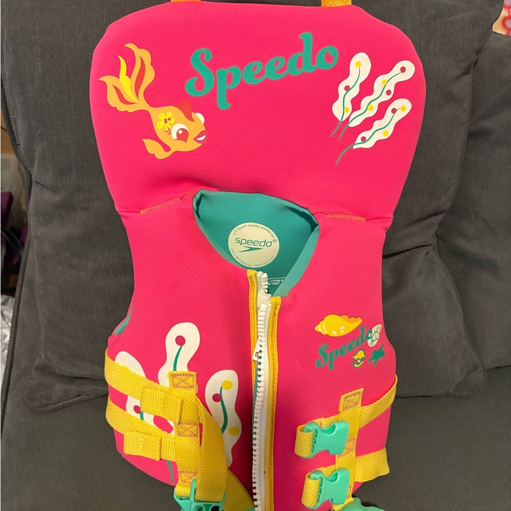 Speedo Girls Pink Swim Vest with Yellow Straps and Teal Trim
